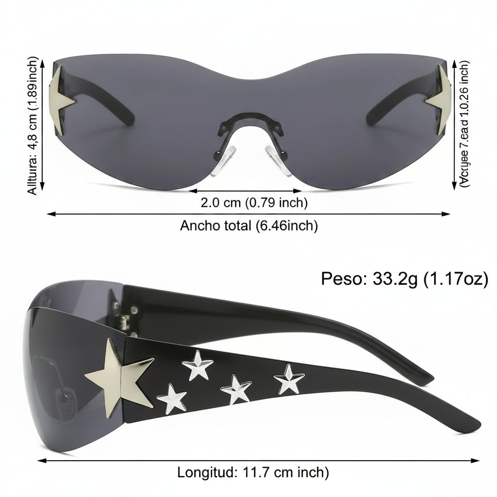 Rimless Y2K Sunglasses for Women and Men Star Wrap around Sun Glasses Trendy Cool Black Sunglasses Fashion Shades for Outdoor
