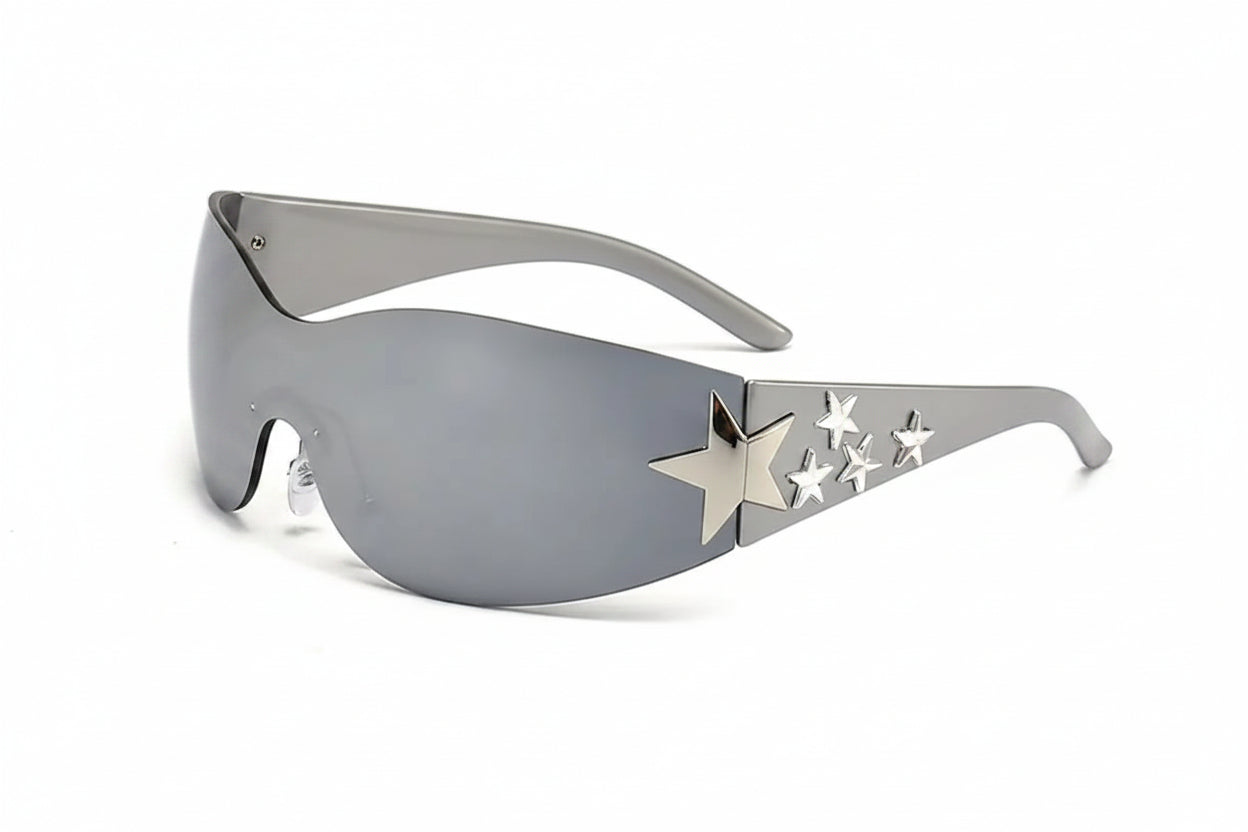Rimless Y2K Sunglasses for Women and Men Star Wrap around Sun Glasses Trendy Cool Black Sunglasses Fashion Shades for Outdoor