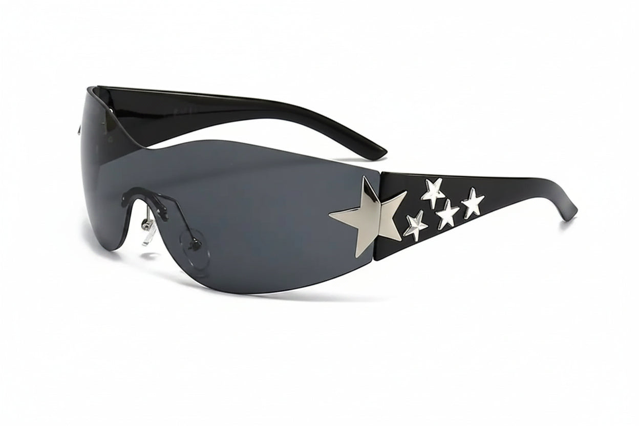Rimless Y2K Sunglasses for Women and Men Star Wrap around Sun Glasses Trendy Cool Black Sunglasses Fashion Shades for Outdoor
