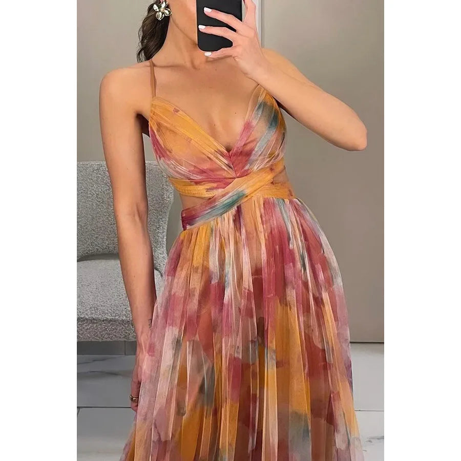 Camila - Vestido Maxi de Tirantes con Malla Estampada