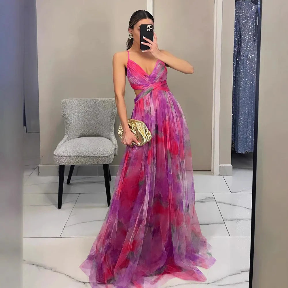 Camila - Vestido Maxi de Tirantes con Malla Estampada