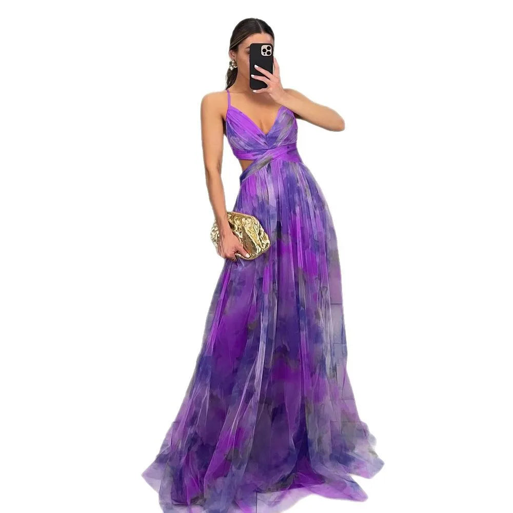 Camila - Vestido Maxi de Tirantes con Malla Estampada