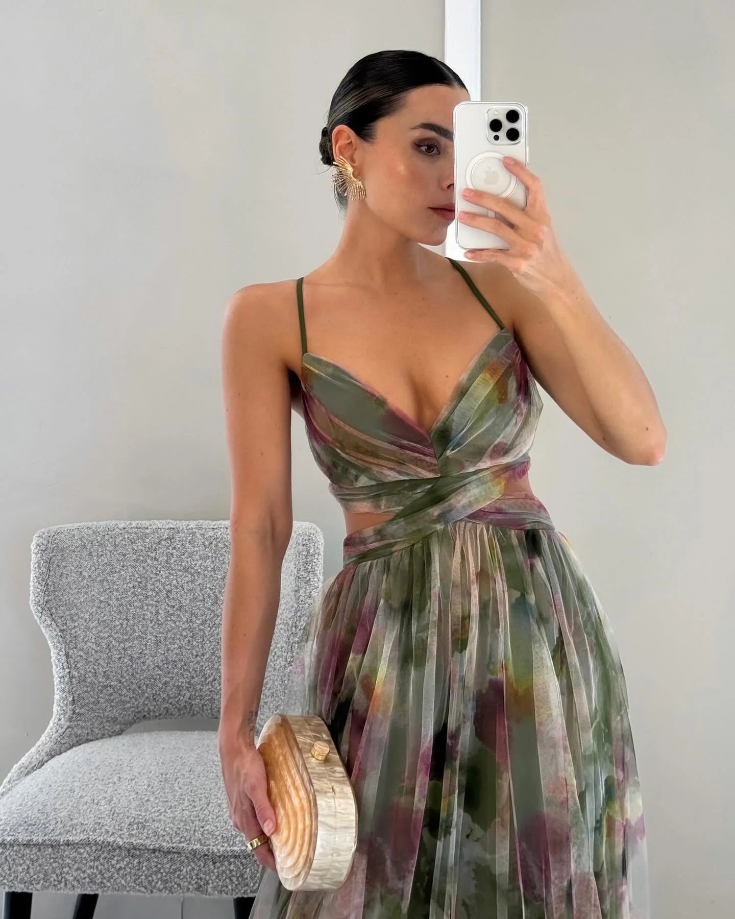 Camila - Vestido Maxi de Tirantes con Malla Estampada