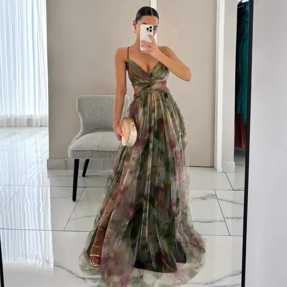 Camila - Vestido Maxi de Tirantes con Malla Estampada