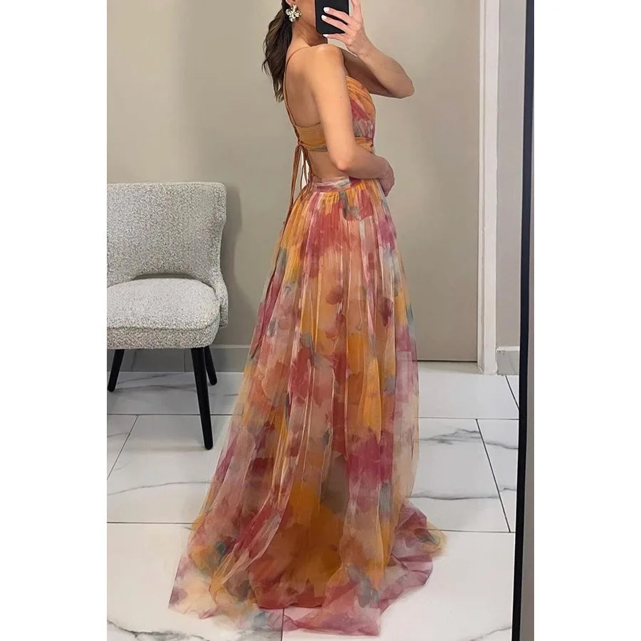 Camila - Vestido Maxi de Tirantes con Malla Estampada