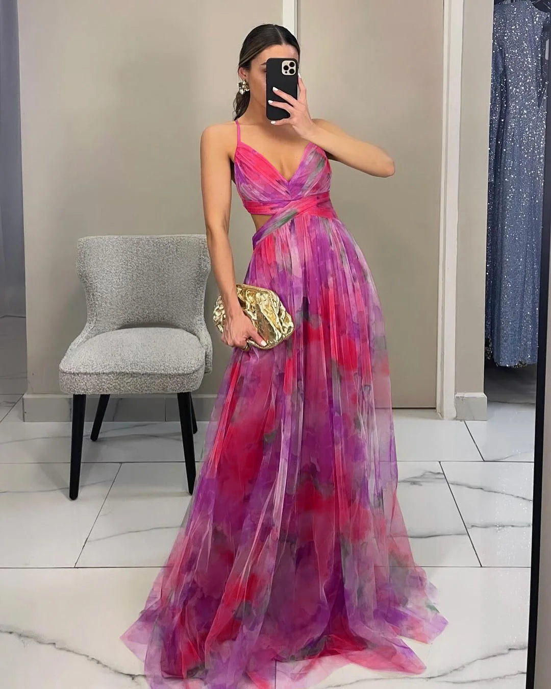 Camila - Vestido Maxi de Tirantes con Malla Estampada
