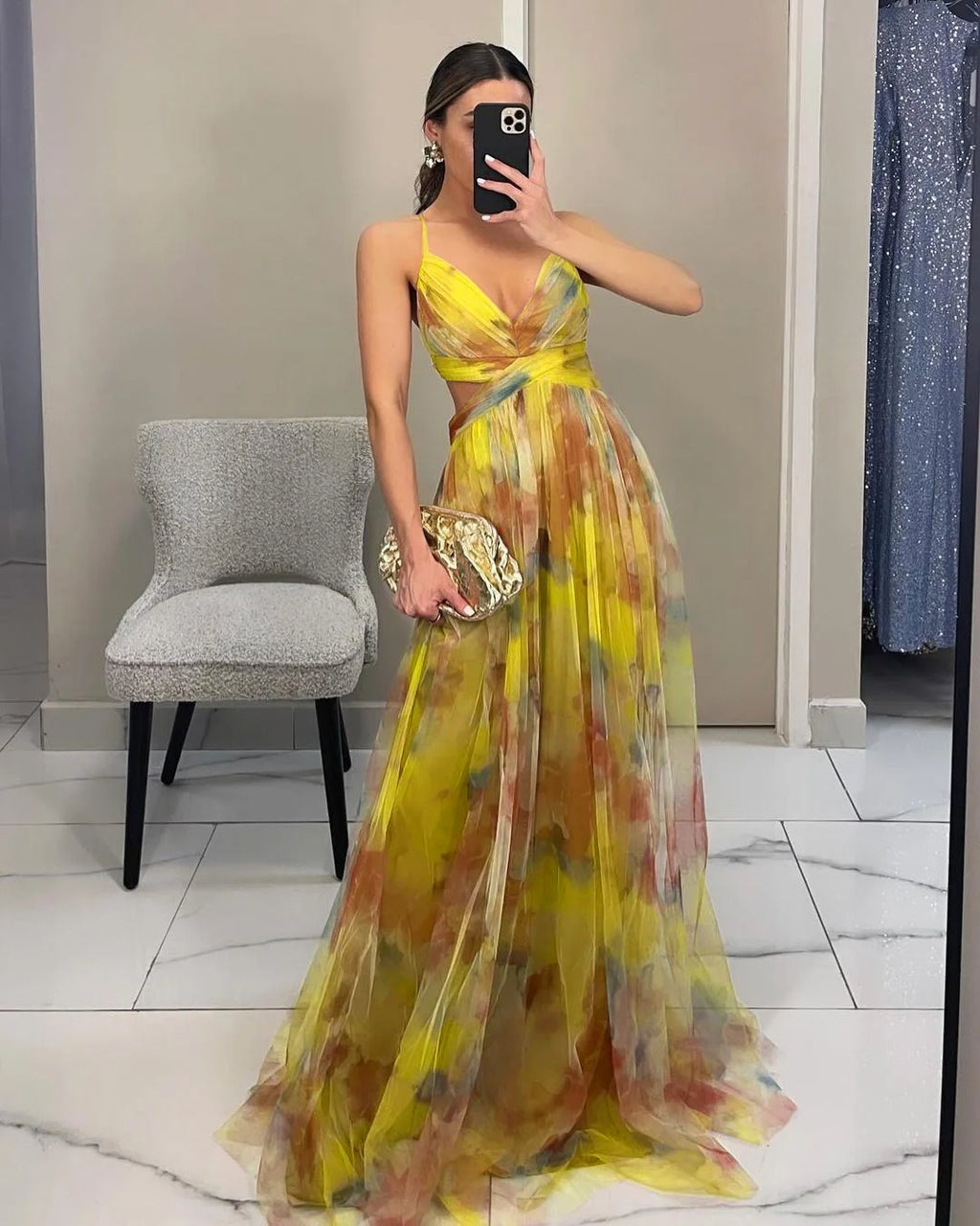 Camila - Vestido Maxi de Tirantes con Malla Estampada