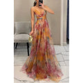 Camila - Vestido Maxi de Tirantes con Malla Estampada