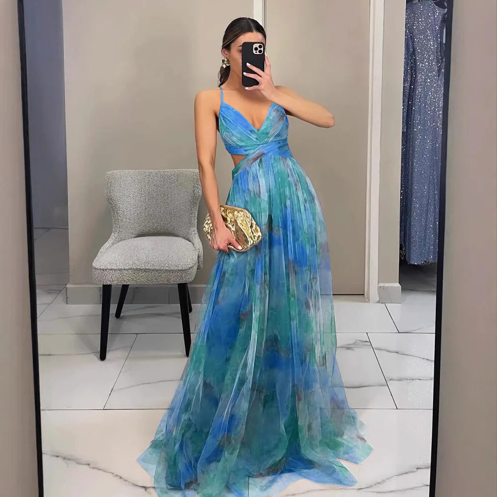 Camila - Vestido Maxi de Tirantes con Malla Estampada